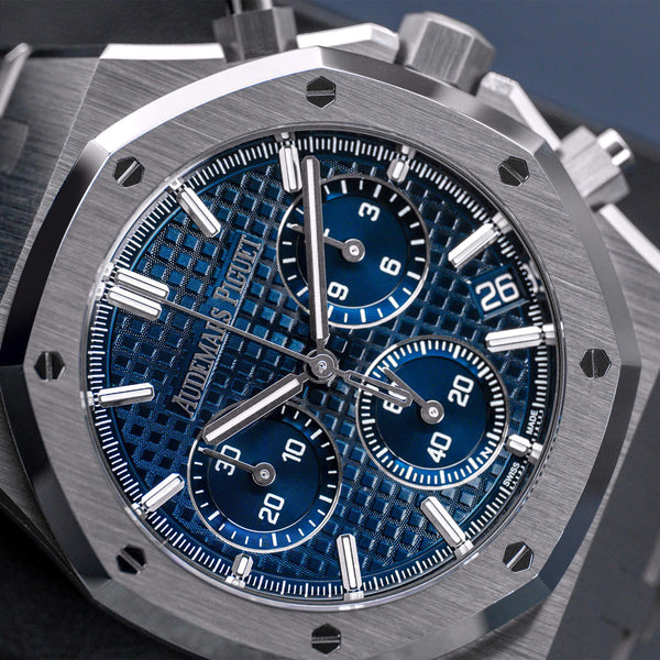 Angled macro view of Audemars Piguet Royal Oak Chronograph 26240ST Blue Dial