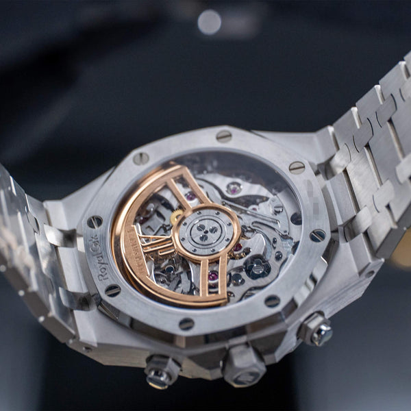Caseback of Audemars Piguet Royal Oak Chronograph 26240ST Blue Dial showing movement