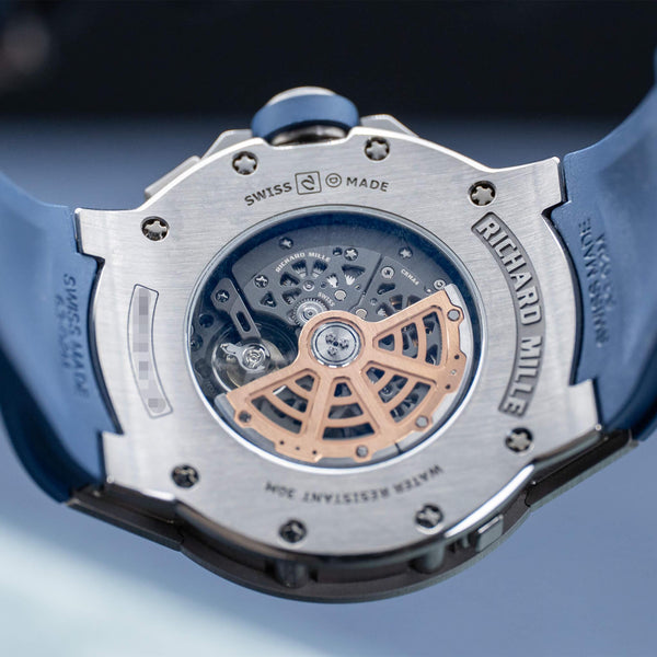Caseback of Richard Mille World Timer RM63-02 showing movement