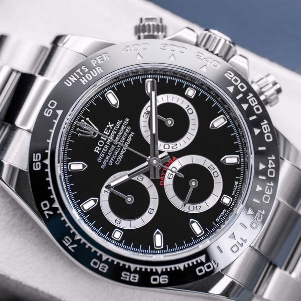 Angled macro view of Rolex Daytona 116500LN Black Dial