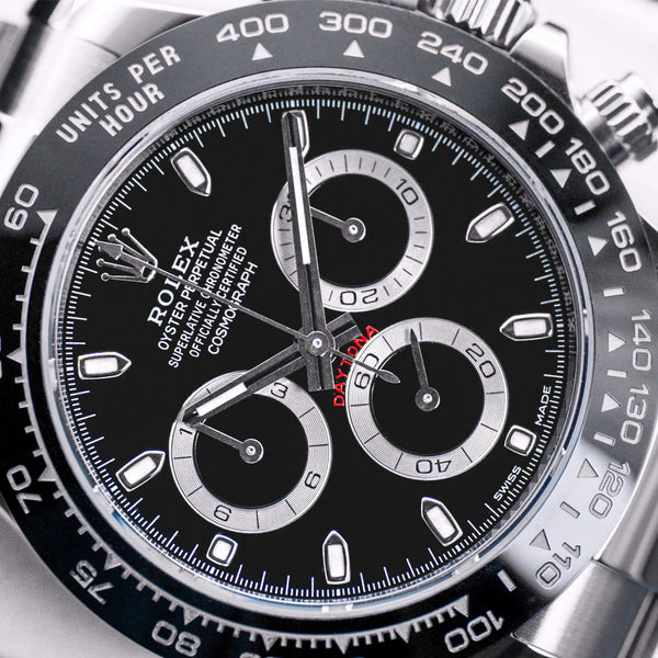 Closer angled macro view of Rolex Daytona 116500LN Black Dial