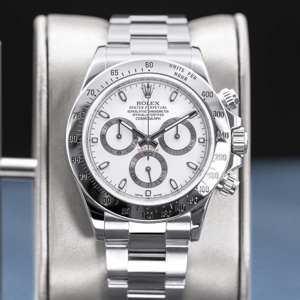 Slight angled view showing crown on Rolex Cosmograph Daytona 116520 White Dial
