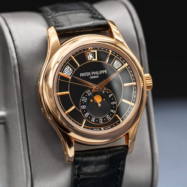 Angled view with reflection of Patek Philippe Annual Calendar 5205R Rose Gold