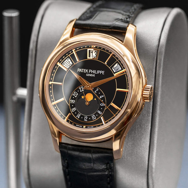 Angled opposing view with reflection of Patek Philippe Annual Calendar 5205R Rose Gold