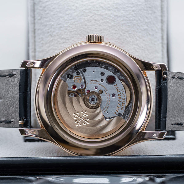Caseback of Patek Philippe Annual Calendar 5205R Rose Gold showing movement