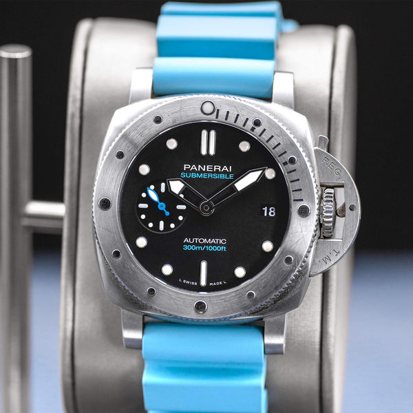Slight angled view showing crown on Panerai Submersible PAM02973 Black Dial