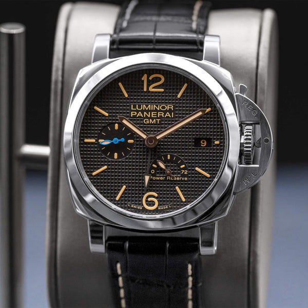 Slight angled view showing crown on Panerai Luminor 1950 3 Days GMT PAM01537 Black Dial