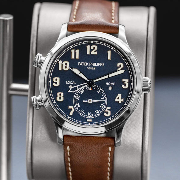 Slight angled view showing crown on Patek Philippe Calatrava Travel Time 5524G Blue Dial