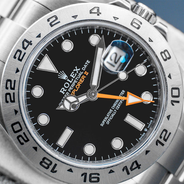 Angled macro view of Rolex Explorer II 226570 Black Dial 2023