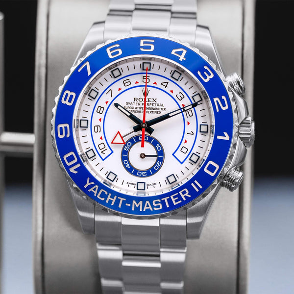 Slight angled view showing crown on Rolex Yacht-Master II 116680 White Dial