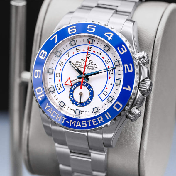 Angled opposing view with reflection of Rolex Yacht-Master II 116680 White Dial