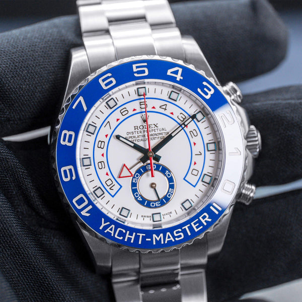 Front view of Rolex Yacht-Master II 116680 White Dial in gloved hand