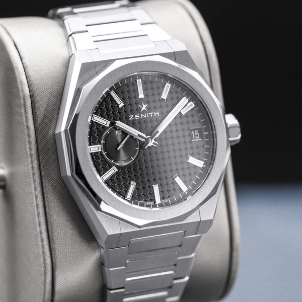 Angled view with reflection of Zenith Defy Skyline Black Dial