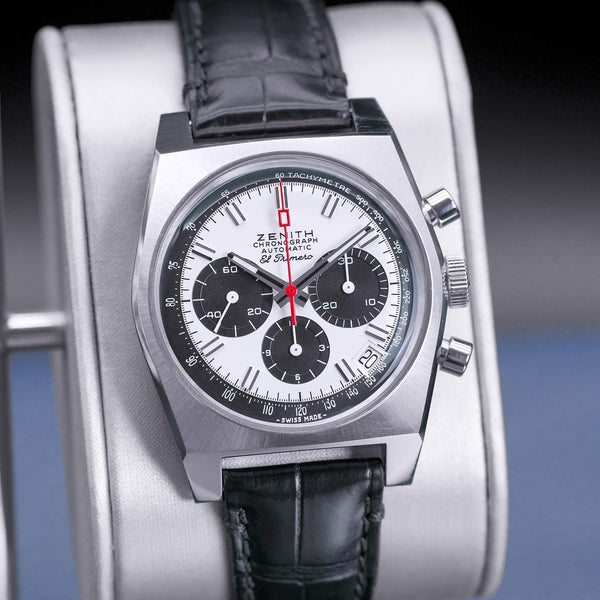 Slight angled view of Zenith Chronomaster El Primero A384 Revival Silver Dial