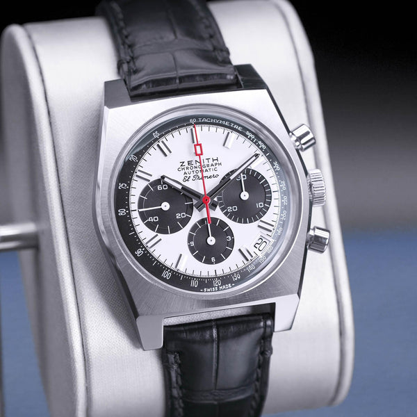 Close-up angled view of Zenith Chronomaster El Primero A384 Revival Silver Dial