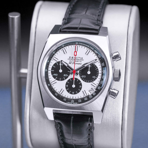 Slight angled view showing crown on Zenith Chronomaster El Primero A384 Revival Silver Dial