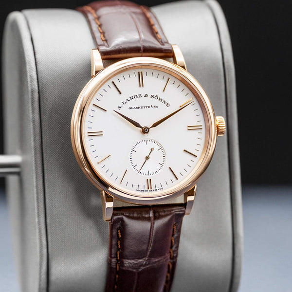 Close-up angled view of A. Lange & Sohne Saxonia 219.032 Rose Gold