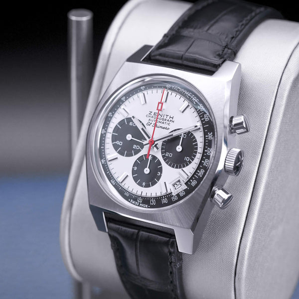 Angled opposing view with reflection of Zenith Chronomaster El Primero A384 Revival Silver Dial