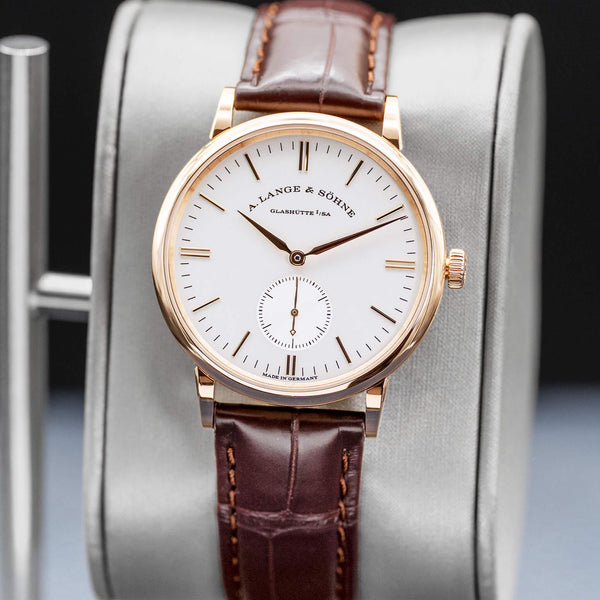 Slight angled view showing crown on A. Lange & Sohne Saxonia 219.032 Rose Gold