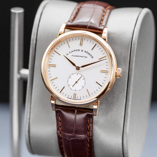 Close-up opposing view of A. Lange & Sohne Saxonia 219.032 Rose Gold