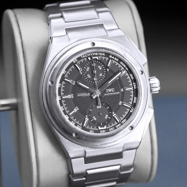 Close-up angled view of IWC Ingenieur Chronograph IW372501 Black Dial