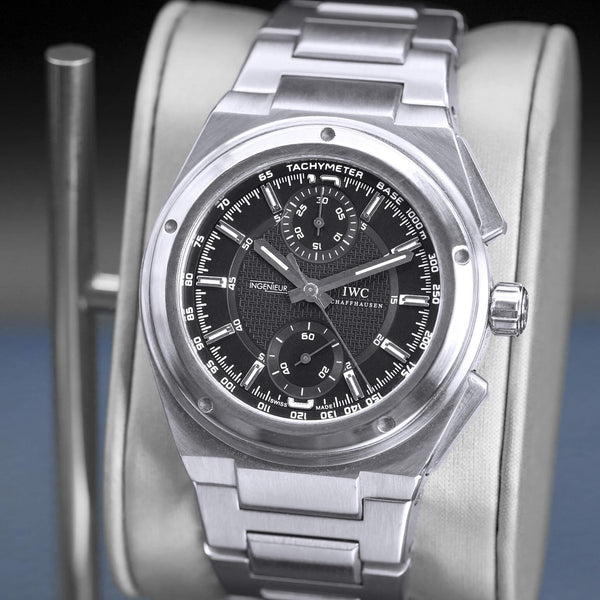 Slight angled view showing crown on IWC Ingenieur Chronograph IW372501 Black Dial