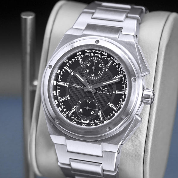 Angled opposing view with reflection of IWC Ingenieur Chronograph IW372501 Black Dial