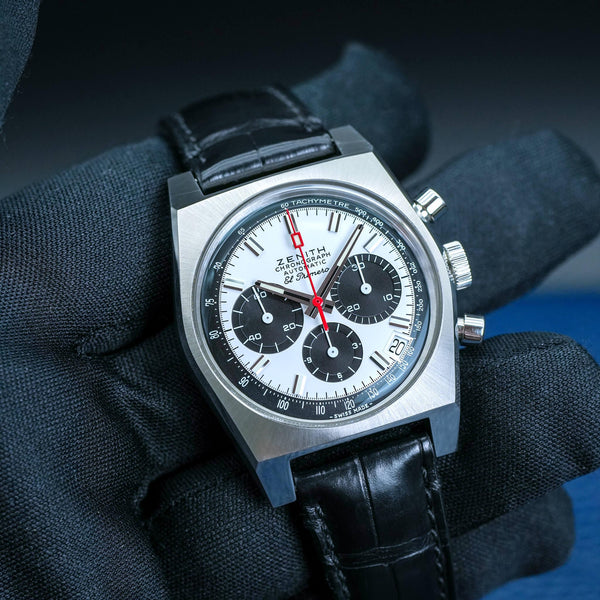 Front view of Zenith Chronomaster El Primero A384 Revival Silver Dial in gloved hand