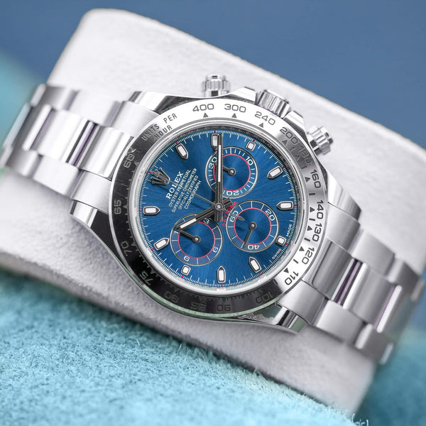 Front view of Rolex Daytona “Blue John Mayer” 116509 White Gold