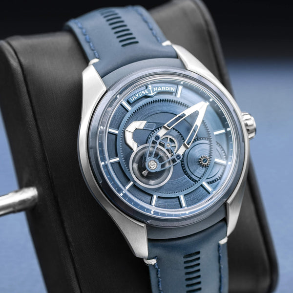 Angled view with reflection of Ulysse Nardin Freak X Titanium Blue Dial