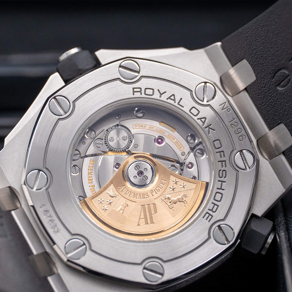 Caseback of Audemars Piguet Royal Oak Offshore Diver 15710ST showing movement