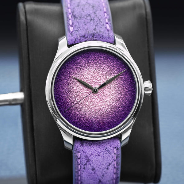 Slight angled view of H. Moser & Cie Centre Seconds Purple Enamel 1201-1200