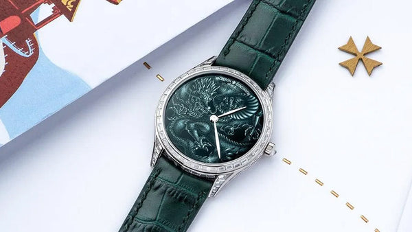 Vacheron Constantin Métiers d’Art with engraved green dial and diamond-set case, positioned on illustrated surface