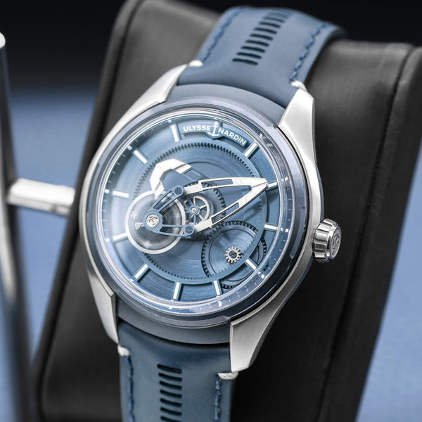 Angled opposing view with reflection of Ulysse Nardin Freak X Titanium Blue Dial 