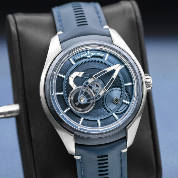 Close-up angled view of Ulysse Nardin Freak X Titanium Blue Dial 