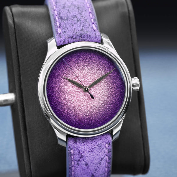 Close-up angled view of H. Moser & Cie Centre Seconds Purple Enamel 1201-1200