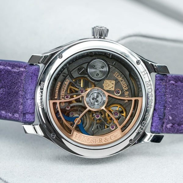 Closer caseback view of H. Moser & Cie Centre Seconds Purple Enamel 1201-1200 showing movement