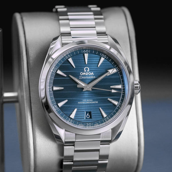 Slight angled view of Omega Seamaster Aqua Terra Blue Teak Dial 