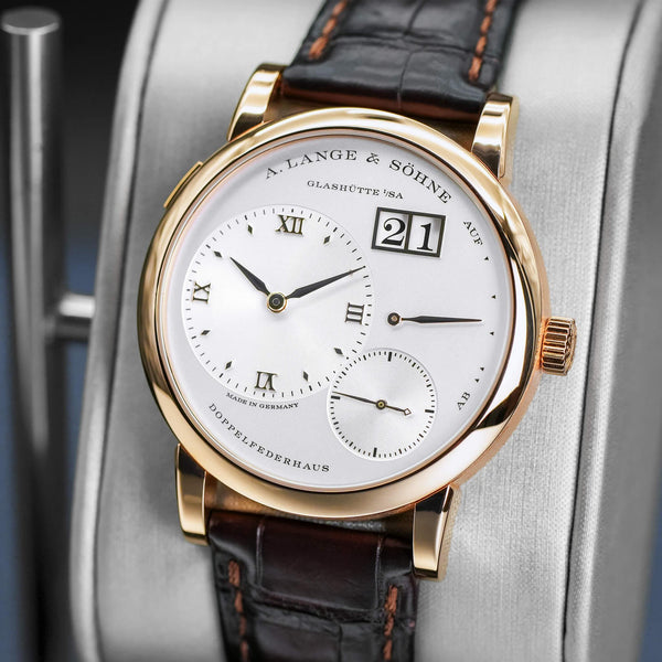 Slight angled view showing crown on A. Lange & Sohne Lange 1 191.032 Silver Dial 