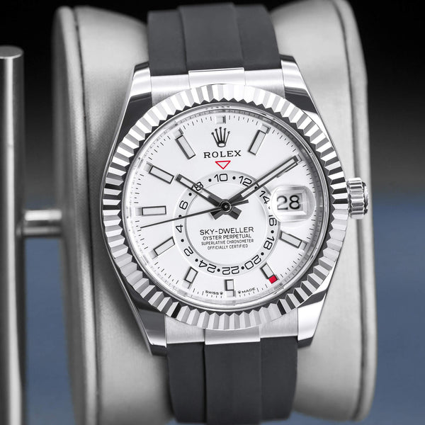 Slight angled view of Rolex Sky-Dweller 336239 White Dial Oyster Flex