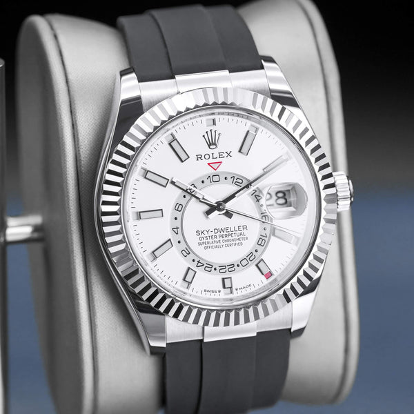 Angled view with reflection of Rolex Sky-Dweller 336239 White Dial Oyster Flex