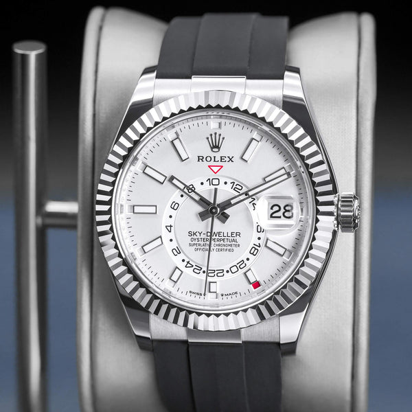 Slight angled view showing crown on Rolex Sky-Dweller 336239 White Dial Oyster Flex