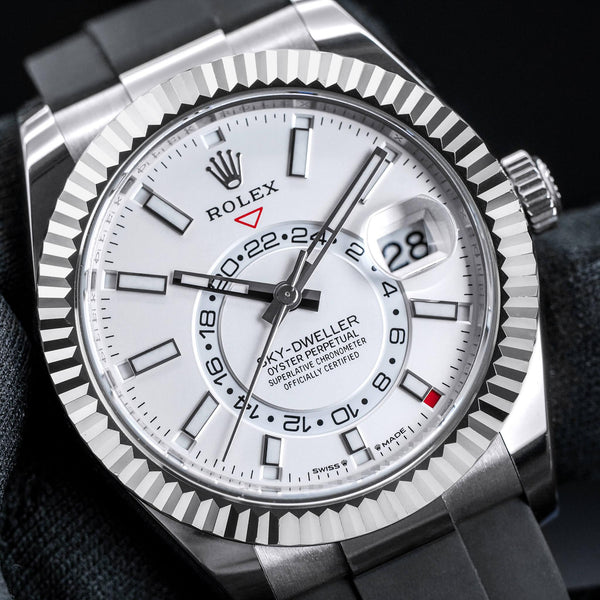 Angled macro view of Rolex Sky-Dweller 336239 White Dial Oyster Flex 