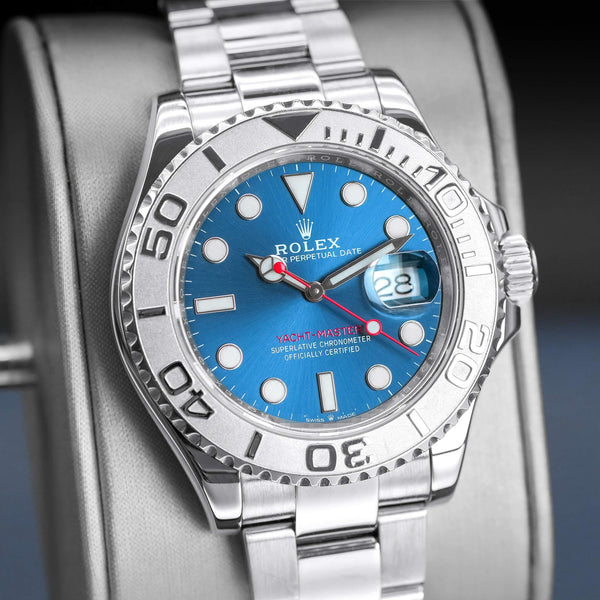 Close-up angled view of Rolex Yacht-Master 126622 "Captain America" Blue Dial 