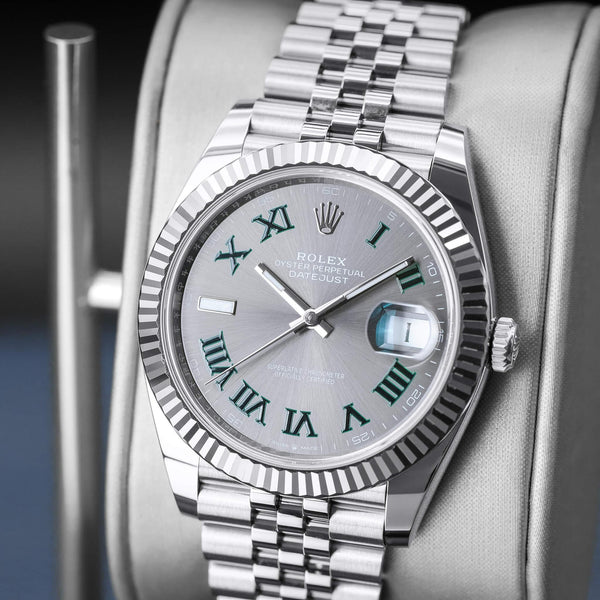 Close-up opposing view of Rolex Datejust Wimbledon 126334 Slate Dial 