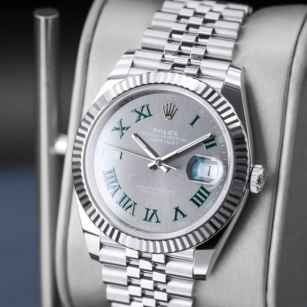 Angled opposing view with reflection of Rolex Datejust Wimbledon 126334 Slate Dial 