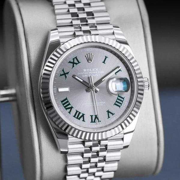 Close-up angled view of Rolex Datejust Wimbledon 126334 Slate Dial 