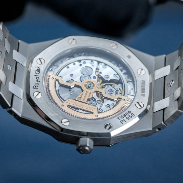 Caseback of Audemars Piguet Royal Oak 15202IP "Jumbo" Extra Thin Blue showing movement