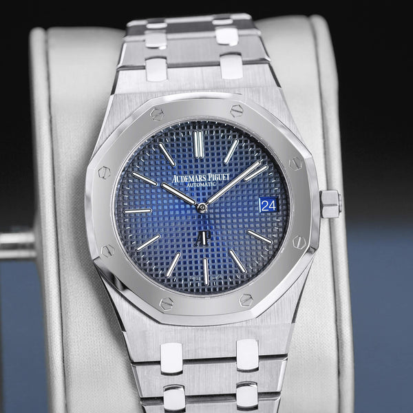 Slight angled view of Audemars Piguet Royal Oak 15202IP "Jumbo" Extra Thin Blue