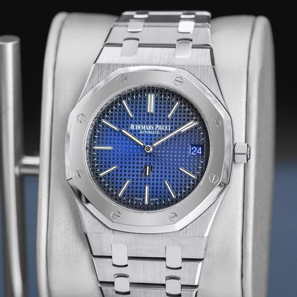 Slight angled view showing crown on Audemars Piguet Royal Oak 15202IP "Jumbo" Extra Thin Blue 